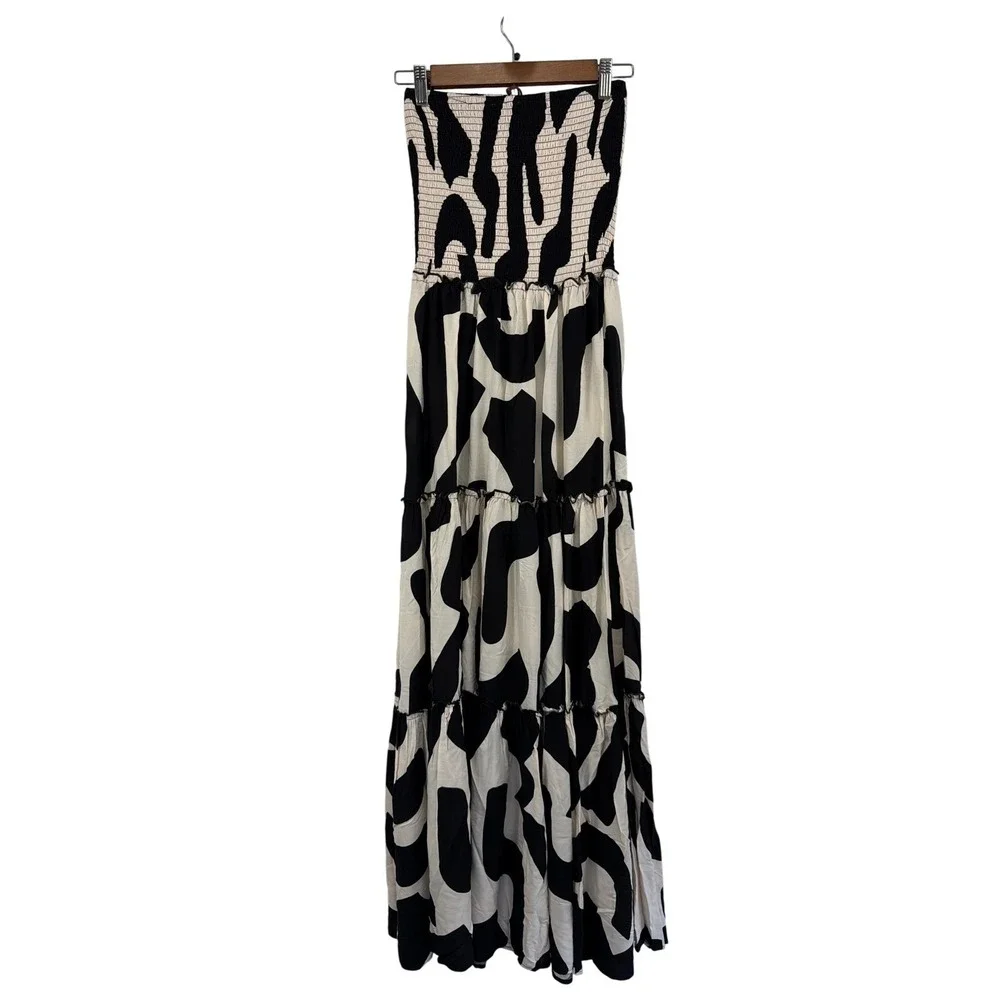 Abel The Label Black White Strapless Smocked Tiered Maxi Dress M NWT